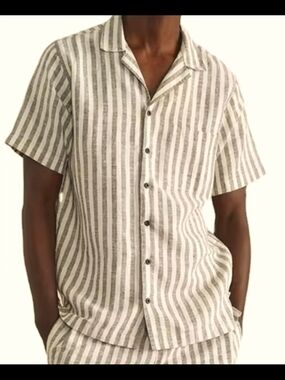 Onia Linen Gray and White Vertical-Stripe Short-Sleeve Button Shirt